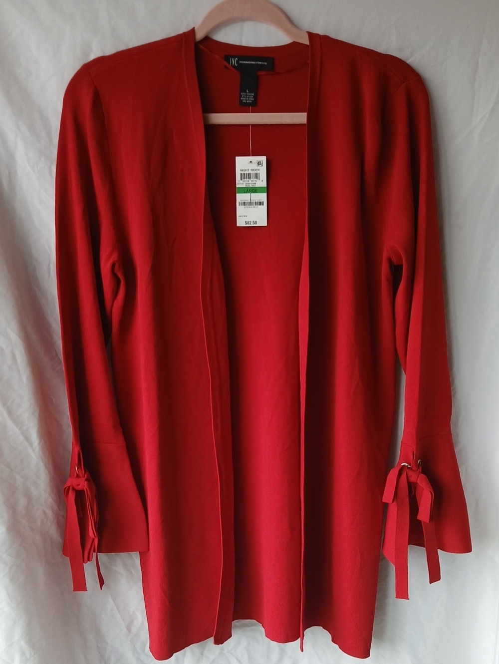 New York & Company Open Front Red Tie-Sleeve Cardigan
